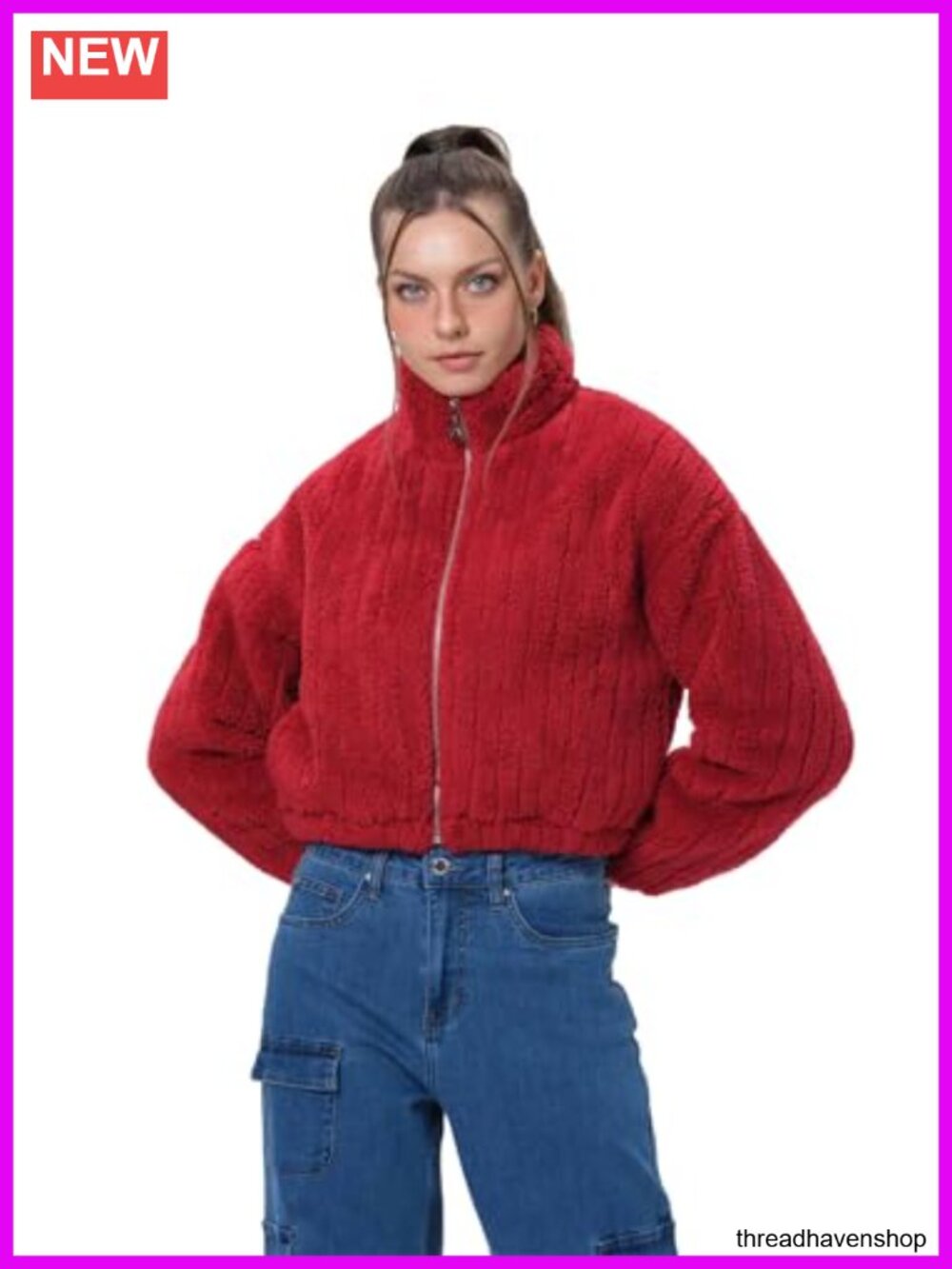 Sherpa Fleece Jacket Cropped Zip Up Fuzzy Teddy Bear Coat Winter Warm Chunky